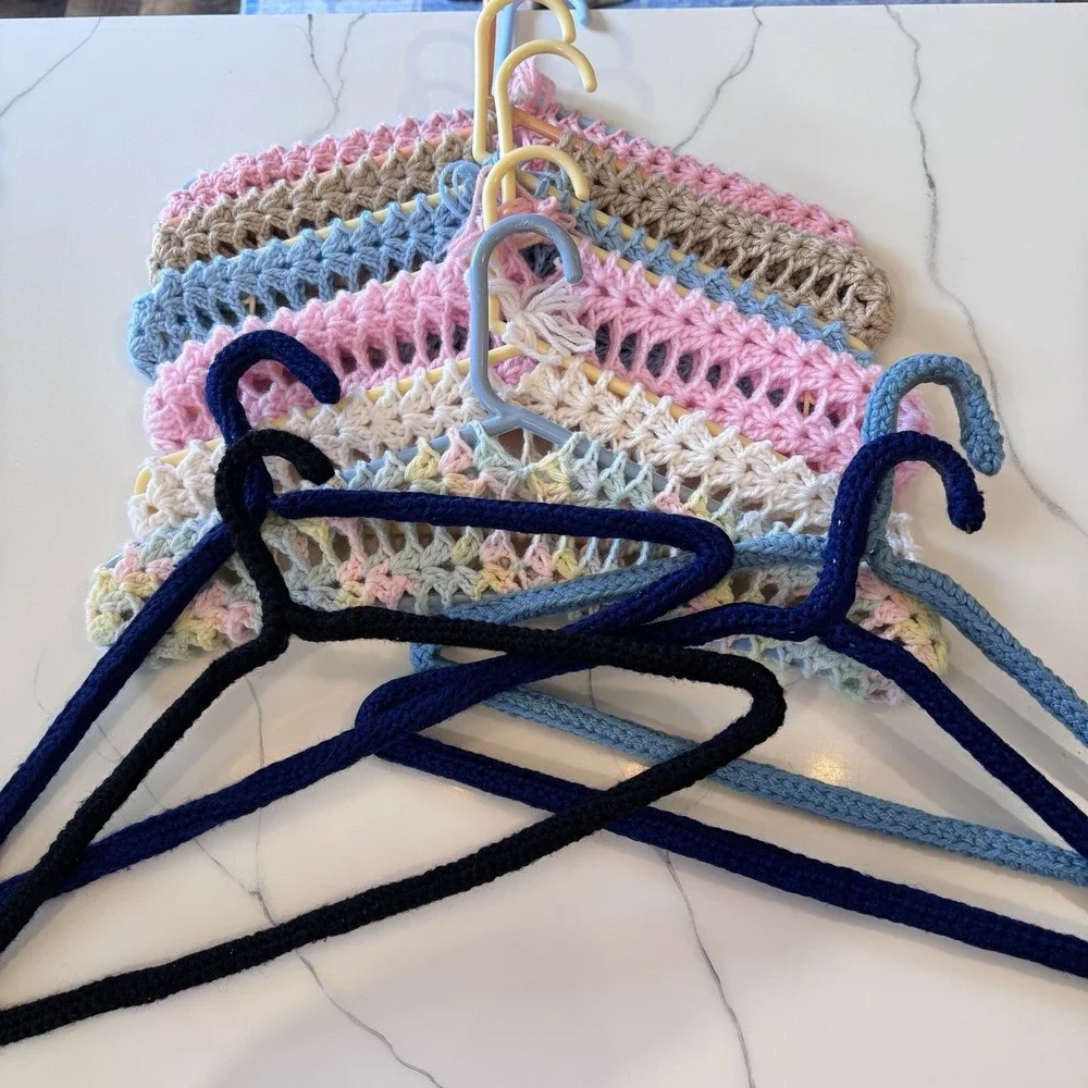 10 Vintage Handmade Crochet Clothes Hangers Colorful Yarn Cottage Core His & Her